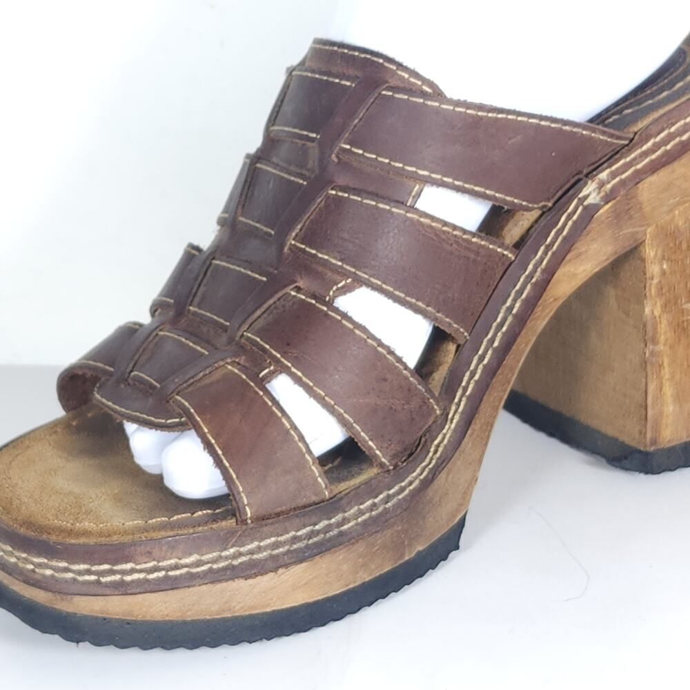 Bongo Women's Vintage 90s Y2K US10 Brown Leather Wooden Chunky Platform Sandals - Picture 15 of 16